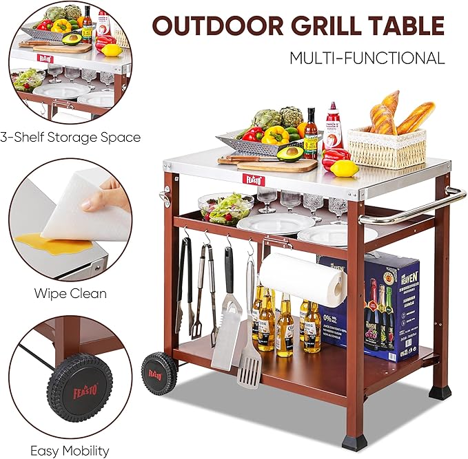 Feasto 3-Shelf Pizza Oven Table with 33.5" x 21.7" Stainless Tabletop, Outdoor Grill Cart with Tank Hook for Pizza Ovens & Griddles, Heavy-Duty Prep Station for Patio BBQ and Deck Parties, Coffee