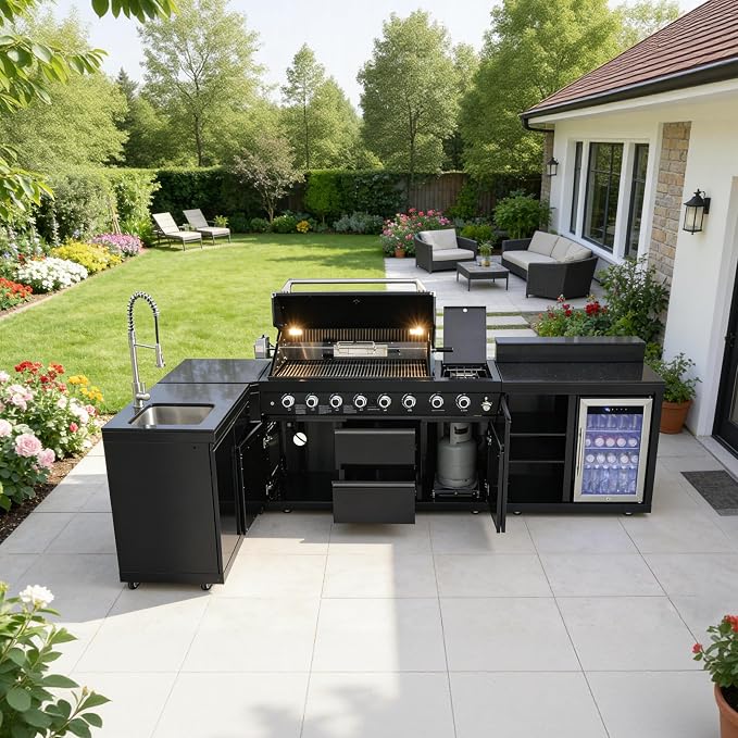 95.8'' Outdoor Kitchen Island, All-In-One 6+1 Burner, 95500 BTU BBQ Grill | Modular Outdoor Kitchen for Backyards, Grill with 304 Stainless Steel, Black Outdoor Kitchens with Sink, Refrigerator