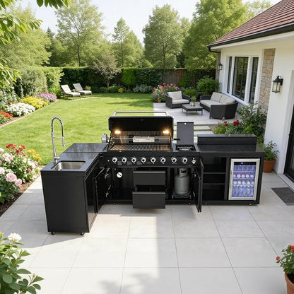95.8'' Outdoor Kitchen Island, All-In-One 6+1 Burner, 95500 BTU BBQ Grill | Modular Outdoor Kitchen for Backyards, Grill with 304 Stainless Steel, Black Outdoor Kitchens with Sink, Refrigerator