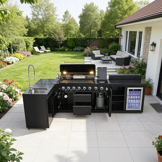 95.8'' Outdoor Kitchen Island, All-In-One 6+1 Burner, 95500 BTU BBQ Grill | Modular Outdoor Kitchen for Backyards, Grill with 304 Stainless Steel, Black Outdoor Kitchens with Sink, Refrigerator