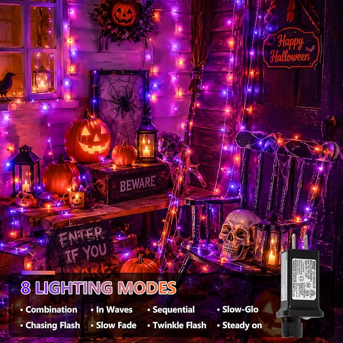 YEGUO 328ft 1000 LED Halloween Lights Outdoor Waterproof, Clear Wire Christmas String Lights Indoor, 8 Modes Twinkle Tree Lights Plug in with Timer Memory.(Orange and Purple)