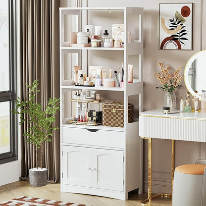 DICTAC Kitchen Pantry Storage Cabinets Freestanding Tall Bathroom Cabinet with Shelves and Drawer 64''H Sideboard Microwave Space Cupboard Organizer for Home Office,White, 23.62x13x64.06inch | Freestanding