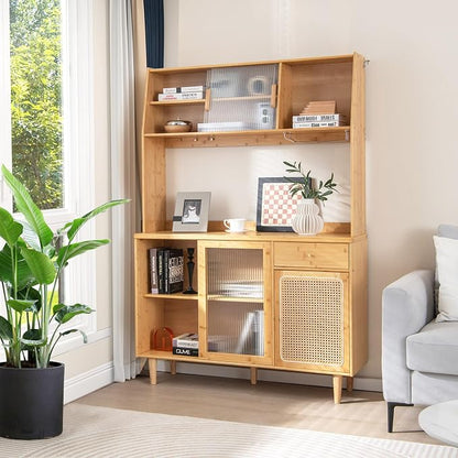 Giantex Pantry Cabinet, 69" Bamboo Hutch Cabinet with Storage, Drawer, Microwave Countertop, Glass Holder, Freestanding Buffet Sideboard with Rattan Door, Tall Cupboard for Kitchen Coffee Bar