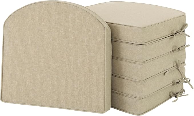 Outdoor Chair Cushions, Fade-Resistant & Water-Resistant, D Shaped Patio Furniture Seat Chair Pads Replacement with Ties, Non-Slip Bottom, Removable Cover, Set of 6, 17 x 16 Inch, Natural