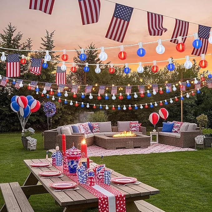 LAMPHOME 2-Pack 26Ft Outdoor Red White Blue String Lights, Patriotic Patio Light with 12+1 Edison Bulbs, LED Shatterproof String Lights for Outside Bistro Christmas Patio Party Decorations