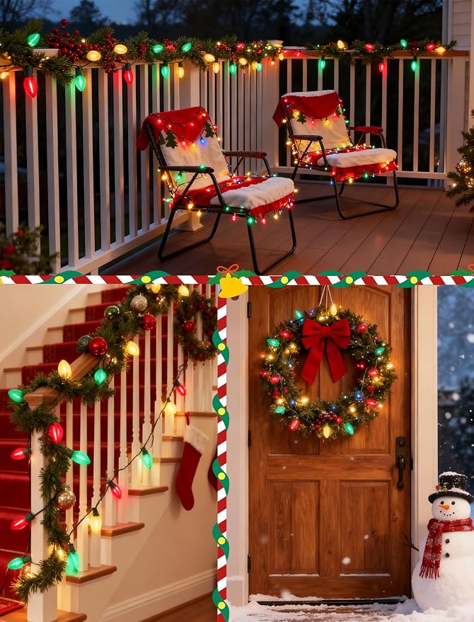 C7 LED Red White and Green Christmas Lights, 25Ft Outdoor Chritsmas String Lights Shatterproof with 27 LED Clear Multicolor Bulbs, Connectable Vintage Christmas Lights for Patio Garden Backyard Decor