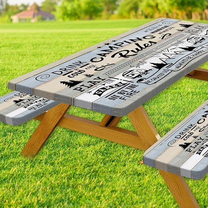 JAWO Picnic Table Cover with Bench Covers, Camping Rules Camper RV Essentials Gear Supplies Outdoor Waterproof Windproof Tablecloth with Elastic, 72in