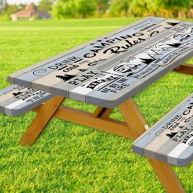 JAWO Picnic Table Cover with Bench Covers, Camping Rules Camper RV Essentials Gear Supplies Outdoor Waterproof Windproof Tablecloth with Elastic, 60in