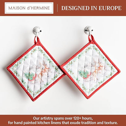 Maison d' Hermine Pot Holders Set 100% Cotton Heat Resistant Potholders 8" x 8" Hot Pads with Loop for Thanksgiving Christmas Decorations Baking Handling Hot Pans (Pack of 2, Christmas Tradition)