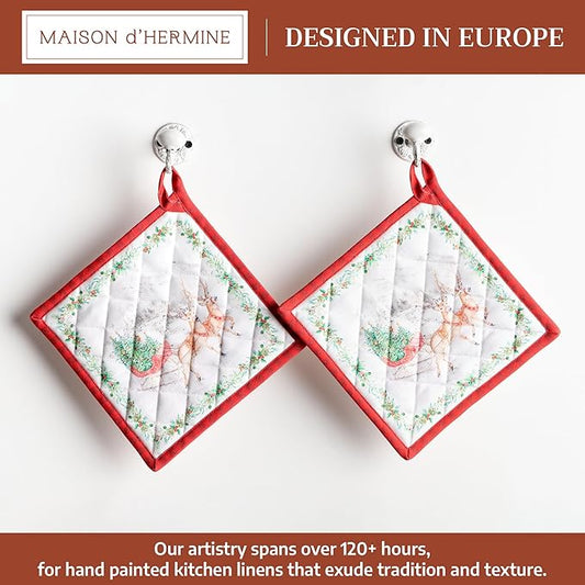 Maison d' Hermine Pot Holders Set 100% Cotton Heat Resistant Potholders 8" x 8" Hot Pads with Loop for Thanksgiving Christmas Decorations Baking Handling Hot Pans (Pack of 2, Christmas Tradition)