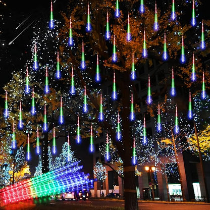Aluan Outdoor Meteor Shower Rain Lights, 40cm/16inch 10 Tubes 360 LEDs Waterproof Falling Rain Hanging Lights with UL Plug for Christmas Holiday Party Home Garden Decor, Multicolor