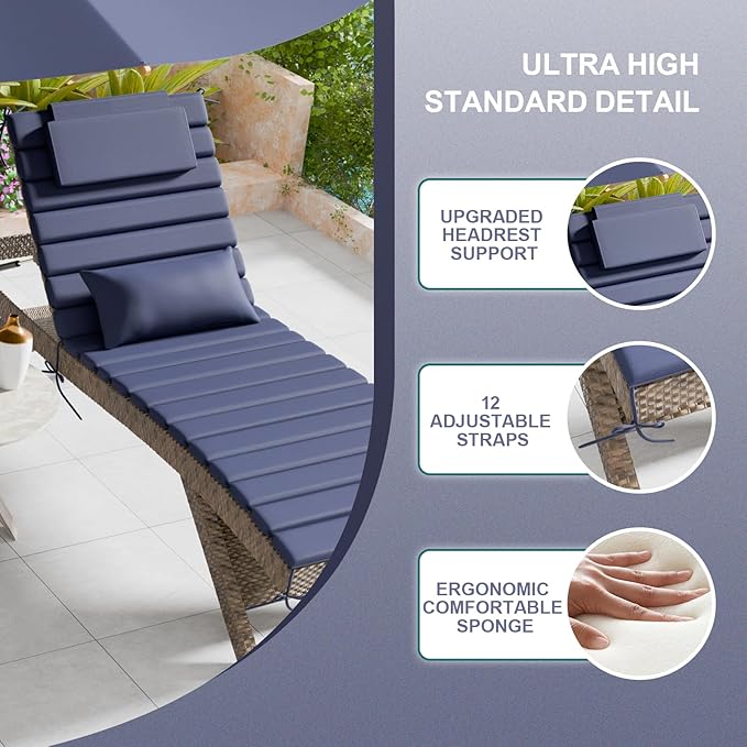 2PCS Outdoor Water-Resistant Olefin Chaise Lounge Cushions with Pillow, Weather and Fade Resistant Foldable Quilted Patio Reclining Lounger Chair Cushions with Straps, Dark Blue, 81"L x 27"W