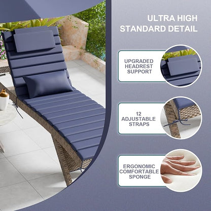 2PCS Outdoor Water-Resistant Olefin Chaise Lounge Cushions with Pillow, Weather and Fade Resistant Foldable Quilted Patio Reclining Lounger Chair Cushions with Straps, Dark Blue, 81"L x 27"W