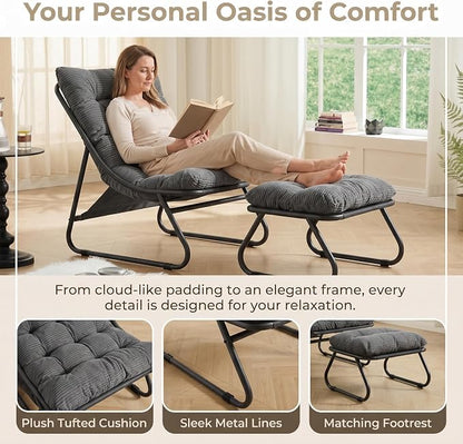 Rocking Chair with Ottoman, Modern Metal Frame Outdoor Rocker, Comfy Patio Lounge Chair with Footrest, Reading Glider Chairs for Living Room, Bedroom, Balcony, Garden, Relax, Grey