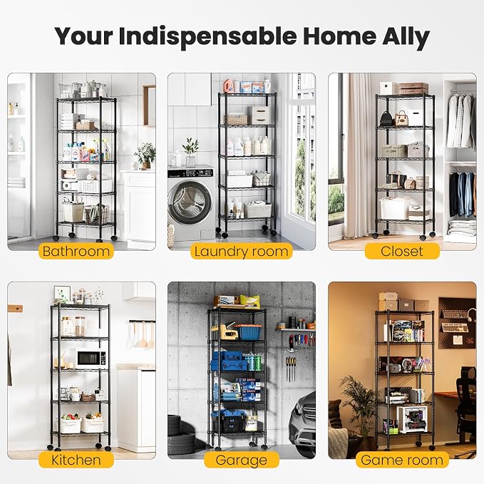 DUMOS 5-Tier Metal Storage Shelves, Wire Shelving, 23.2" W | Lockable Wheels, Adjustable Standing, Heavy Duty Steel Unit, Kitchen Bathroom Pantry Garage Organizers, 59.1"H