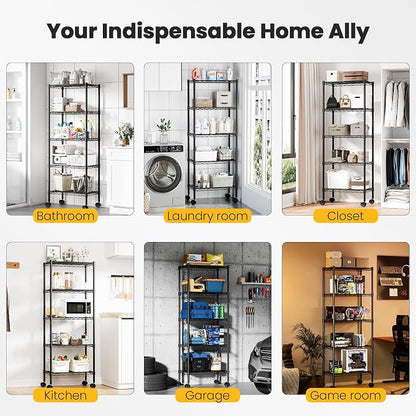 DUMOS 5-Tier Metal Storage Shelves, Wire Shelving, 23.2" W | Lockable Wheels, Adjustable Standing, Heavy Duty Steel Unit, Kitchen Bathroom Pantry Garage Organizers, 59.1"H