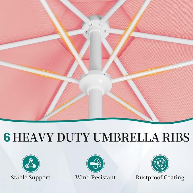 AreShark 7.5FT Outdoor Patio Umbrella with Wavy Trim (Peach Pink) | Market Table Umbrellas w/ 6 Sturdy Ribs, Crank & Tilt, White Pole, Pool Umbrella with UV-Fade Resistant Fabric, Heavy Frame
