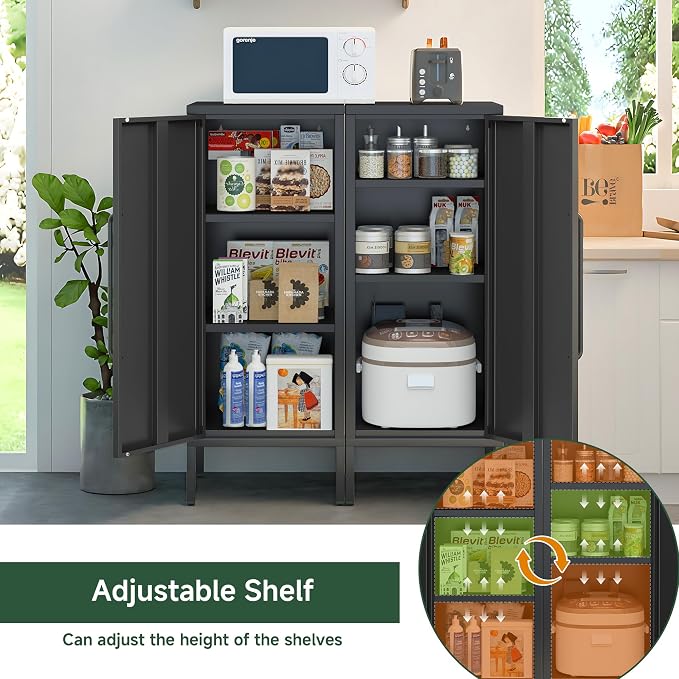 Metal Storage Cabinet with Door & 2 Adjustable Shelves 39.5” Small Storage Cabinet with Magnetic Closure for Home Office Garage Kitchen (Black)
