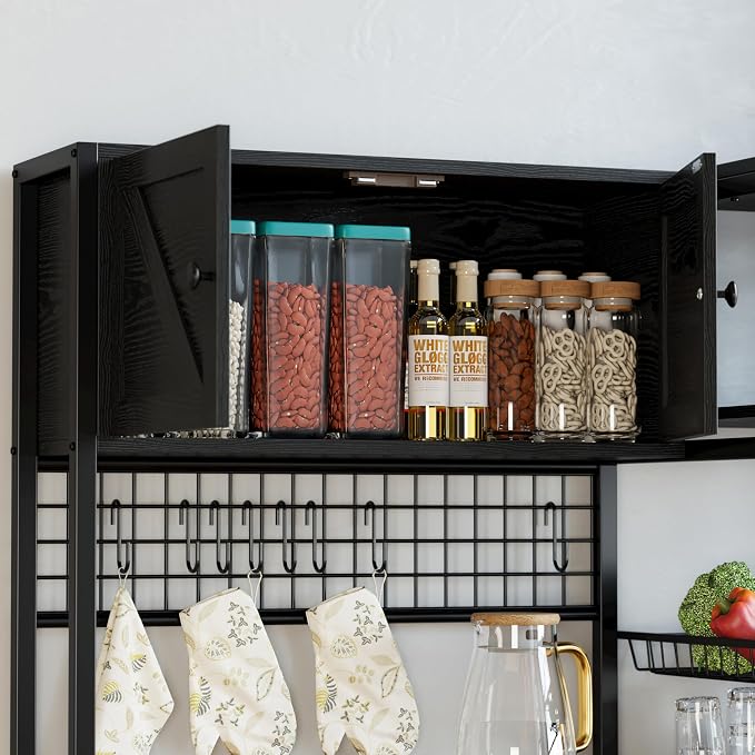 IRONCK Bakers Rack with Cabinet and Power Outlet, Coffee Bar, Vintage Black | Built-In Power Outlet. 45.3-inch countertop fits microwaves. 2 Cabinets, open shelves, hooks, P2 MDF. Anti-tip.