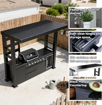97-Inch 4-Burner 72000 BTU Propane Gas Grill Island with Shed, 304 Stainless Steel Black, Wine Cooler, Rotisserie & Granite Countertops for Backyard BBQ, Black