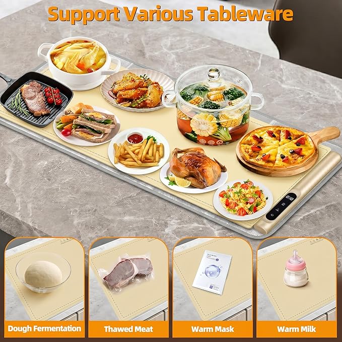 Newise Graphene Food Warming Mat, Extra Large (XXL 36”x 16") Electric Warming Tray with 6 Temp Settings, Portable Food Warmers for Buffets Party Countertop, Practical Gifts for Mom Wife, Beige