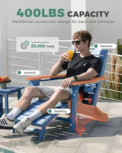 Adjustable Adirondack Chairs Set of 2 with Retractable Ottoman, HDPE Folding Adirondack Chair with Cup Holders, Weather Resistant for Backyard, Poolside & Fire Pit(Navy Blue)