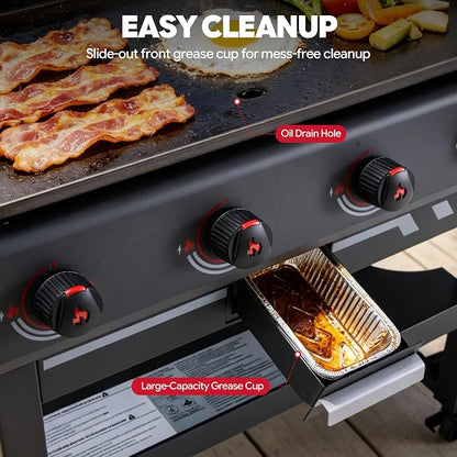 Feasto 36-Inch 4 Burner Propane Flat Top Grill with Hood and Side Burner | 720 Sq. In. Outdoor Griddle with Protective Hood, 50,000 BTU Main Burners, 13,000 BTU Lidded Side Burner, Folding Side Table