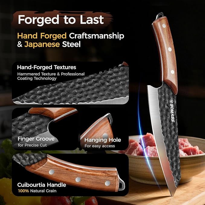 3PCS Hand Forged Japanese Chef Knife Set for Cooking, Kitchen Knife for Meat Cutting, High Carbon Steel Sharp Boning Knife, Chefs Knife, Honing Rod for Camping, BBQ, Outdoor Gift for Men
