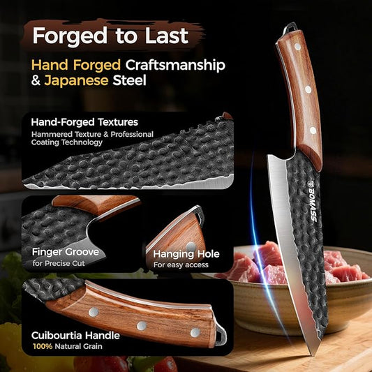 3PCS Hand Forged Japanese Chef Knife Set for Cooking, Kitchen Knife for Meat Cutting, High Carbon Steel Sharp Boning Knife, Chefs Knife, Honing Rod for Camping, BBQ, Outdoor Gift for Men