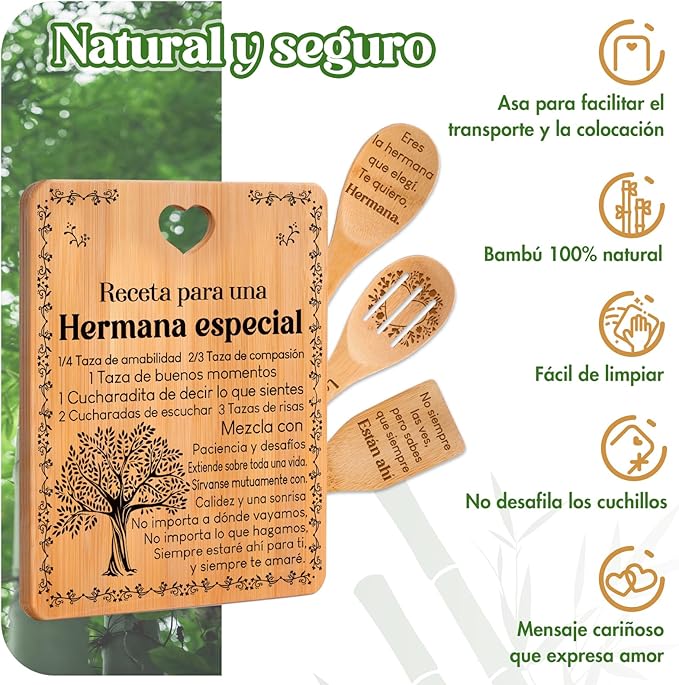 Regalos de cumpleaños para Hermana - "Receta para una Hermana especial". Juego de tablas de cortar y utensilios de bambú grabados. Regalos de cumpleaños para Hermana. Spanish Sister Cutting Board