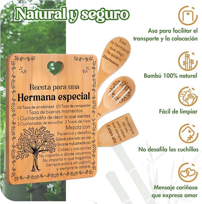 Regalos de cumpleaños para Hermana - "Receta para una Hermana especial". Juego de tablas de cortar y utensilios de bambú grabados. Regalos de cumpleaños para Hermana. Spanish Sister Cutting Board