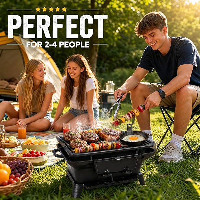 Cast Iron Hibachi Grill Outdoor, Japanese Yakitori Grill for Camping, Small Portable Charcoal Hibachi Grills, Cast Iron, with Double-Sided Grate, for Indoor Outdoor BBQ (2, No handle)