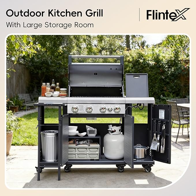 Flintex 4-Burner Propane Gas Kitchen Grill Island with Side Burner,44,000 BTU Stainless Steel BBQ Outdoor Griddle Grill Combo with LPG/NG Convertible and Storage Cabinets & Fold-out Table, Black