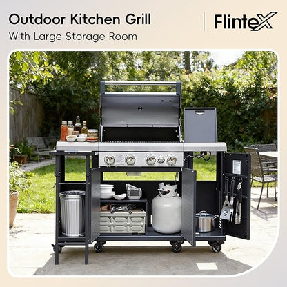 Flintex 4-Burner Propane Gas Kitchen Grill Island with Side Burner,44,000 BTU Stainless Steel BBQ Outdoor Griddle Grill Combo with LPG/NG Convertible and Storage Cabinets & Fold-out Table, Black