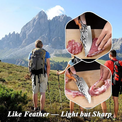 Butcher Cleaver Knife Set with Leather Sheath,2 PCS Razor Sharp Chef Knife Japanese HC Stainless Steel and Viking Knife, Chopper Butcher Meat Knife for Home Cooking Outdoor BBQ Camping Gift Idea