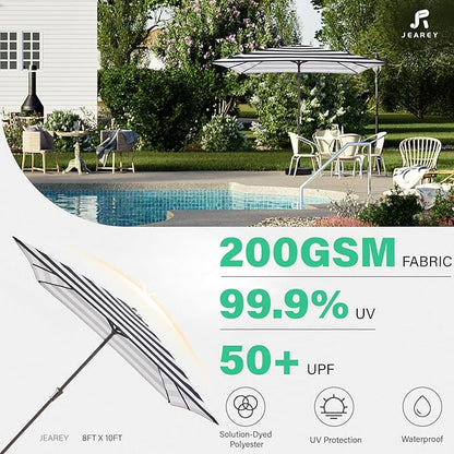 JEAREY 8x10 ft Rectangular Patio Umbrellas Outdoor Table Market Umbrella w/Crank, 8 Sturdy Ribs, UV Protection Windproof Sunproof for Garden, Deck, Backyard, Pool(Black Striped)