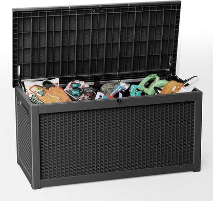 Pepe Tee Waterproof Resin Deck Box, Outdoor Storage Bin for Patio Furniture Cushions, All-Weather Garden Organizer & Seating Bench, Black