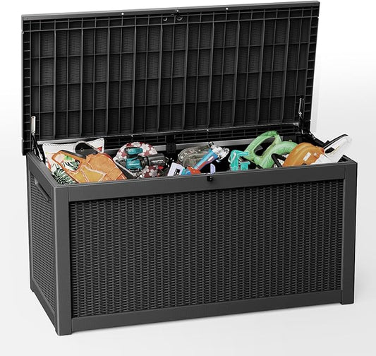 Pepe Tee Waterproof Resin Deck Box, Outdoor Storage Bin for Patio Furniture Cushions, All-Weather Garden Organizer & Seating Bench, Black