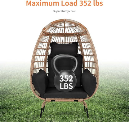 PayLessHere Egg Chair Egg Basket Rattan Chair Steel Frame Oversized Indoor Outdoor Lounger Simple Installation with 4 Comfort Cushion and Stand,352lb Capacity for Patio Garden Living Room，Black