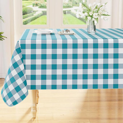 Smiry Picnic Table Cloth, Vinyl Tablecloths with Flannel Backing, 60"x120" | Waterproof Rectangle Table Cloth, Wipeable Buffalo Plaid Table Cover for Indoor and Outdoor (Turquoise & White)