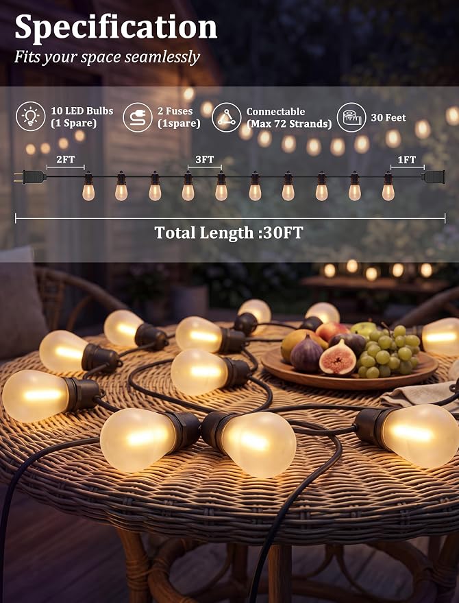 S14 Outdoor String Lights 30FT, 11 Frosted LED Bulbs, Black Wire | Connectable Commercial Grade Patio Lights, UL Listed, IP65 Waterproof, 2700K Shatterproof Bulbs, for Backyard, Porch, Bistro