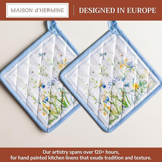 Maison d' Hermine Pot Holders 100% Cotton Heat Resistant Potholders 8" x 8" Hot Pads with Loop BBQ Cooking Baking Hotel Farmhouse Kitchen Handling Hot Pans Spring Summer (Pack of 2, Fleurs De Mai)