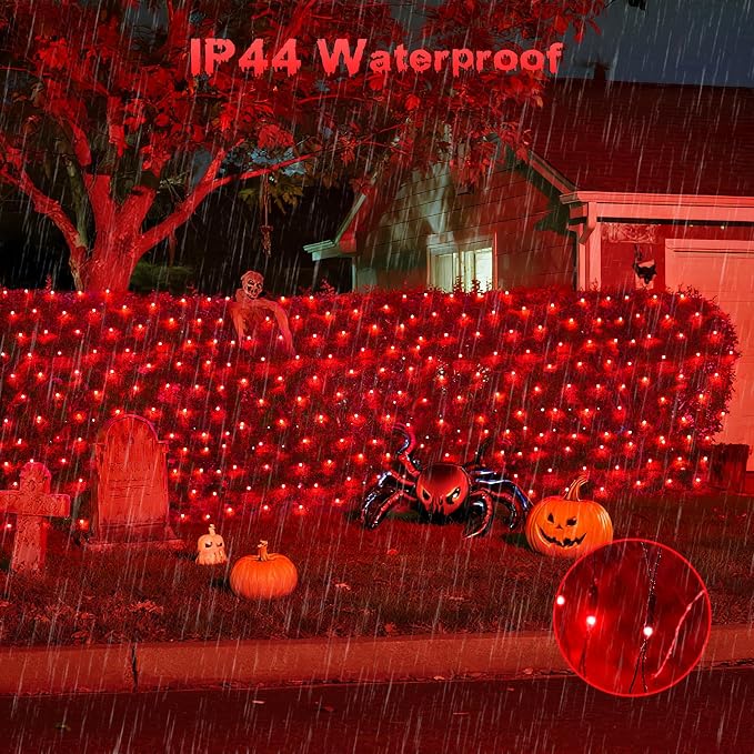 JMEXSUSS 360 LED Halloween Net Lights, Red, 12ft x 5ft | Outdoor Waterproof, Connectable, Plug in, Mesh Lights with Remote for Bushes Shrubs Christmas Halloween Decorations