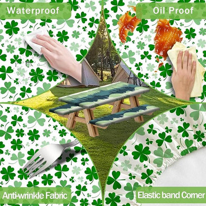 JAWO St Patrick's Day Picnic Table Cover with Bench Covers, Camping Essentials, Shamrock Lucky Outdoor Table Covers, Waterproof, Fitted Tablecloth Cover with Elastic Edge, 3 PCS, 30X72 Inches