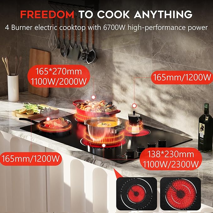 Electric Cooktop 30 Inch Hobsir, 4 Burner Electric Stove Top 6700W, Dual-Ring Burner & Oval Burner, 9 Power Level, 30 Inch Cook top with Safety Lock, Timer, Black Knob