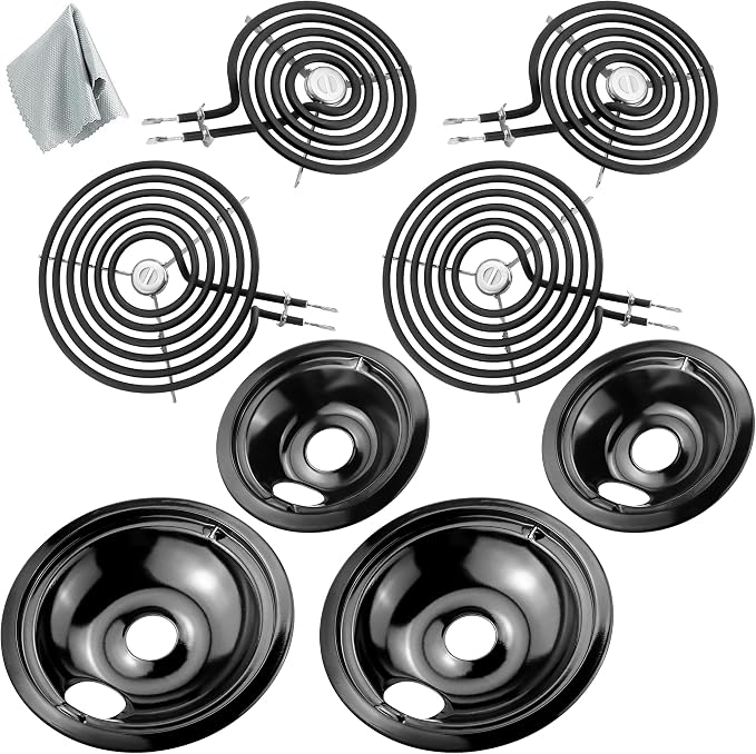 Electric Stove Burners and Porcelain Drip Pans Set Compatible with G-E Hot-point Stoves, Includes WB31M20 WB31M19 Black Stove Drip Pans & WB30M1 WB30M2 Electric Range Burner Elements by Fetechmate
