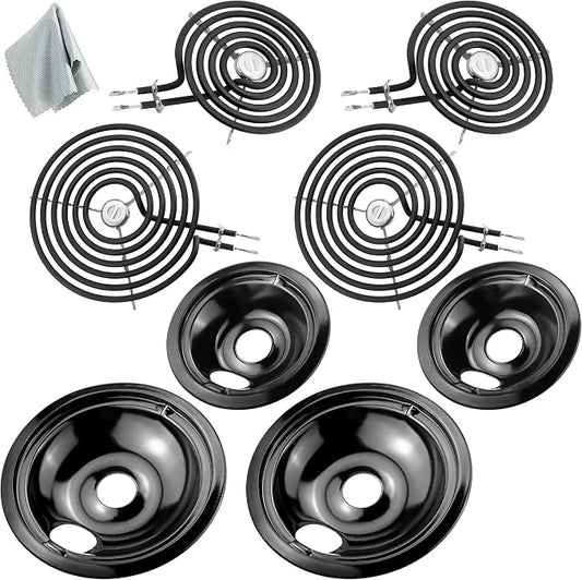 Electric Stove Burners and Porcelain Drip Pans Set Compatible with G-E Hot-point Stoves, Includes WB31M20 WB31M19 Black Stove Drip Pans & WB30M1 WB30M2 Electric Range Burner Elements by Fetechmate