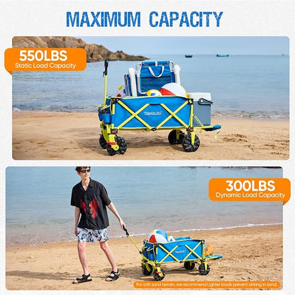 300lbs Extra Long 49" L Beach Wagon with Big Wheels with Brake for Sand, Collapsible Utility Beach Cart Heavy Duty Folding Wagon,Ideal for Outdoor Sand Camping Garden Pet