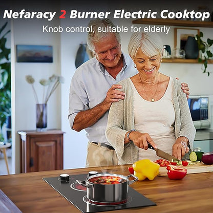 Electric Cooktop 2 Burner, 110V Electric Stove Top 2000W with Knob Control, 12 Inch Electric Radiant Cooktop Countertop & Built-in, Residual Heat Indicator, Over-Heat Protection, Plug in