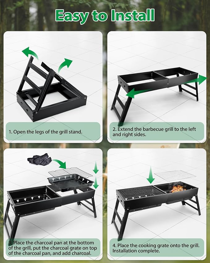 Kizmyee Portable BBQ Barbecue Grill, Foldable & Retractable BBQ Grill | Compact for Travel & Expandable for Multi-Person Use, for Outdoor Camping Picnic Backyard Travel